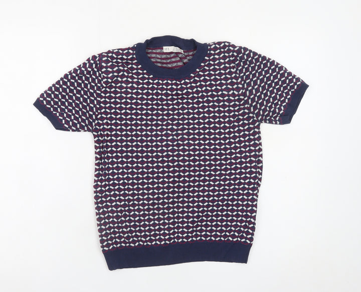 Sfera Women Blue Geometric Knit Short Sleeve Pullover Jumper Size 12