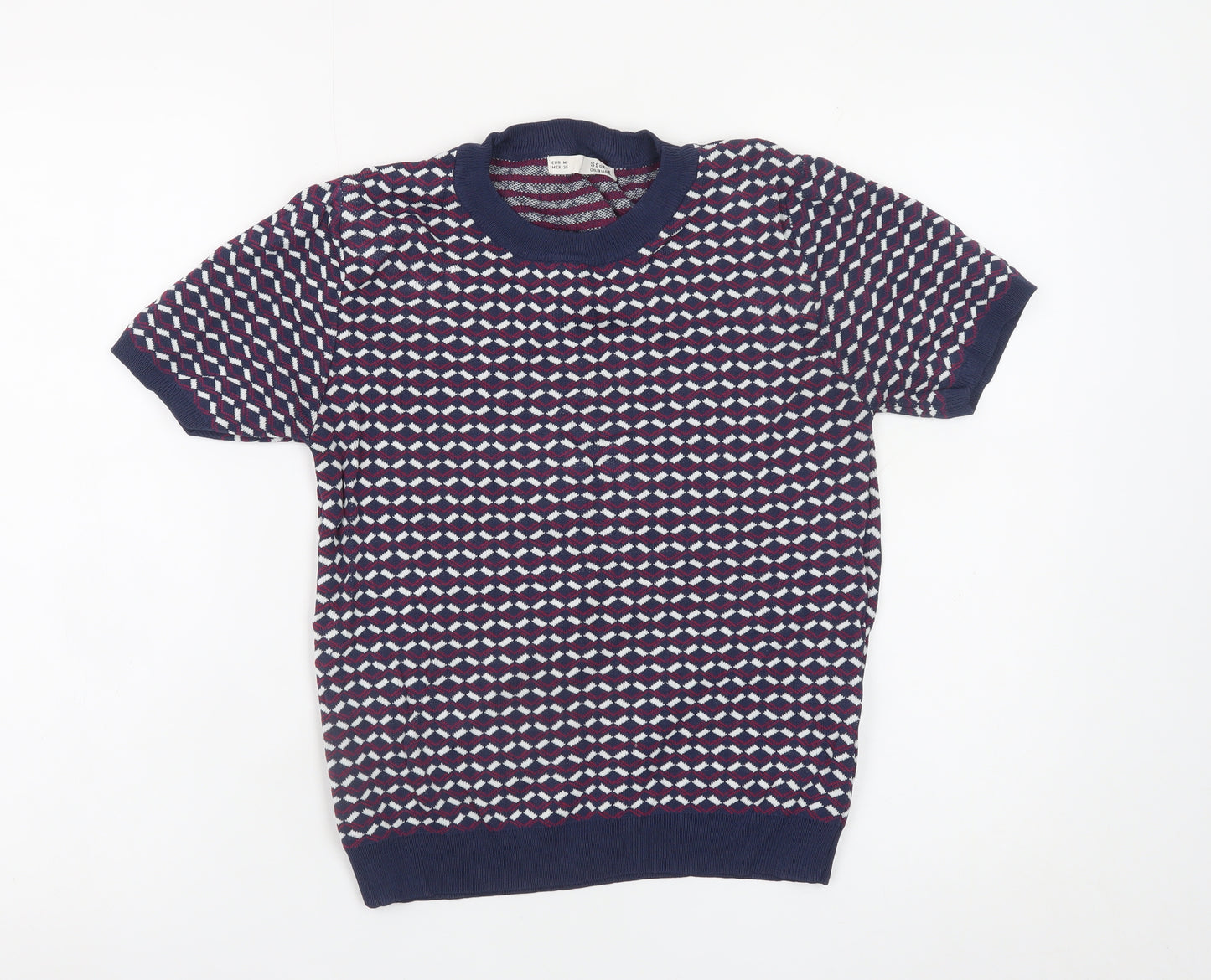 Sfera Women Blue Geometric Knit Short Sleeve Pullover Jumper Size 12