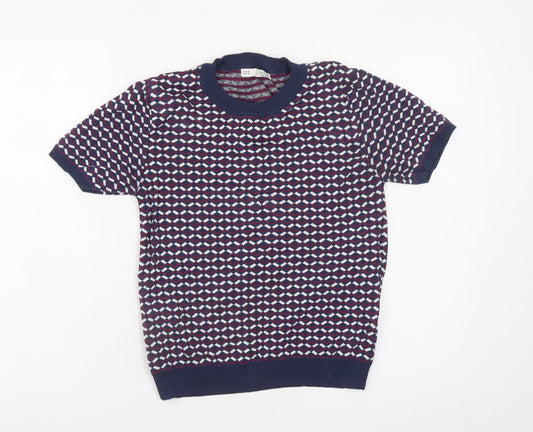 Sfera Women Blue Geometric Knit Short Sleeve Pullover Jumper Size 12