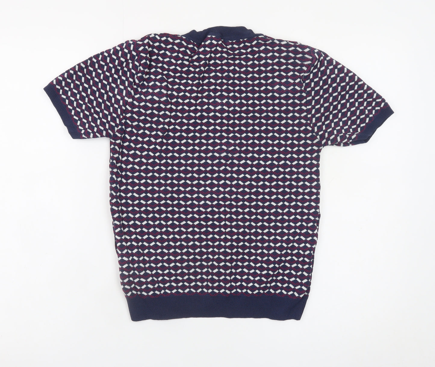 Sfera Women Blue Geometric Knit Short Sleeve Pullover Jumper Size 12