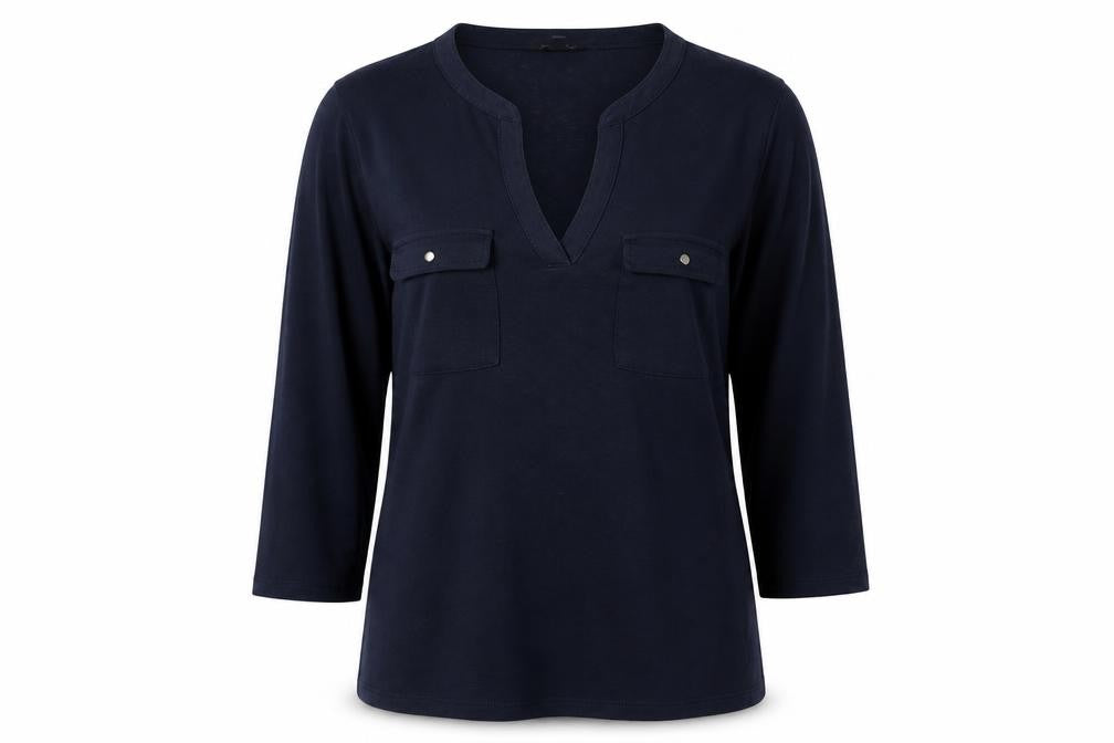 Front view of Cortefiel Women's Blue Tunic Blouse, size 10, V-Neck Long Sleeve