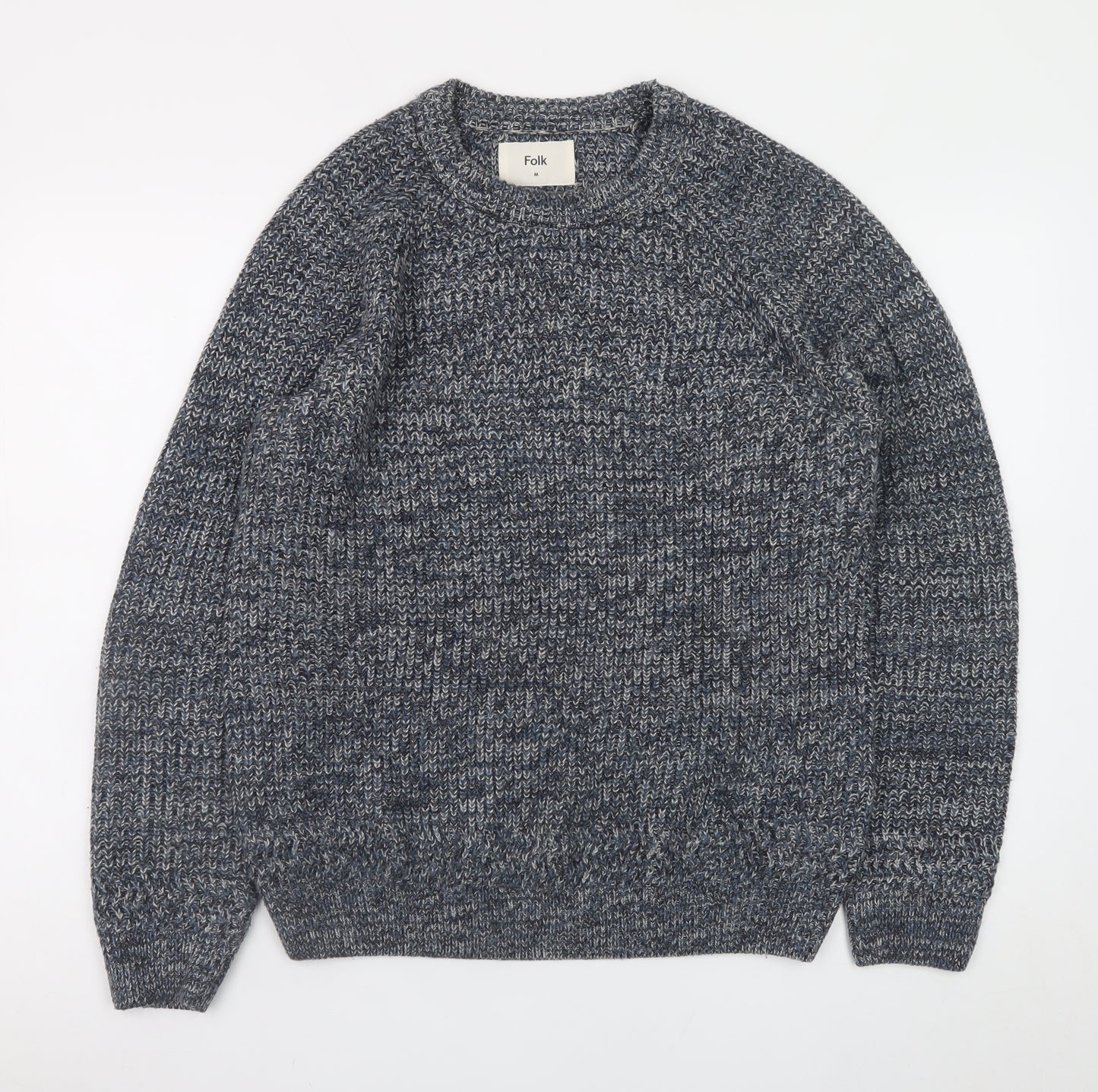 Folk Men's Blue Chunky-Knit Crew Neck Wool Blend Pullover Jumper M