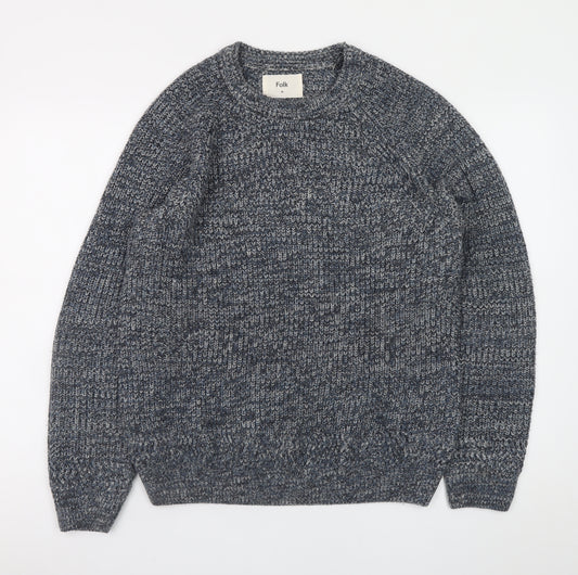 Folk Men's Blue Chunky-Knit Crew Neck Wool Blend Pullover Jumper M