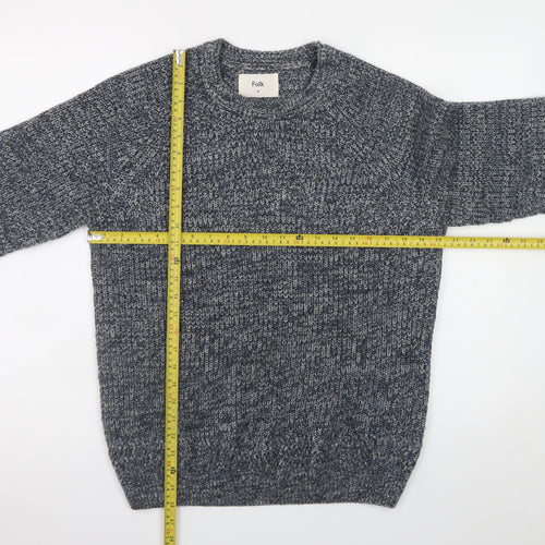 Folk Men's Blue Chunky-Knit Crew Neck Wool Blend Pullover Jumper M