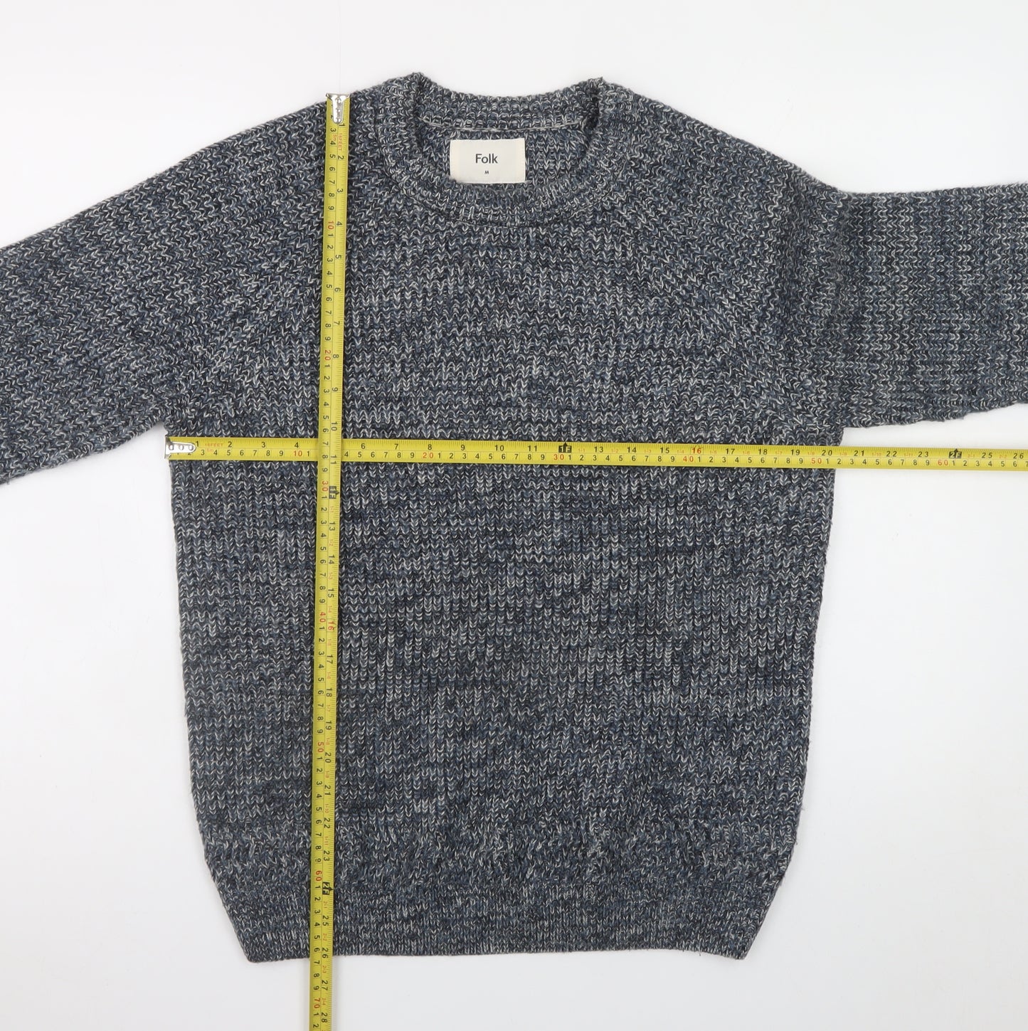 Folk Men's Blue Chunky-Knit Crew Neck Wool Blend Pullover Jumper M