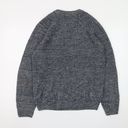 Folk Men's Blue Chunky-Knit Crew Neck Wool Blend Pullover Jumper M