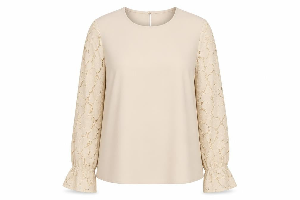 Front view of Vero Moda Women Beige Lace Sleeve Blouse M Regular Fit