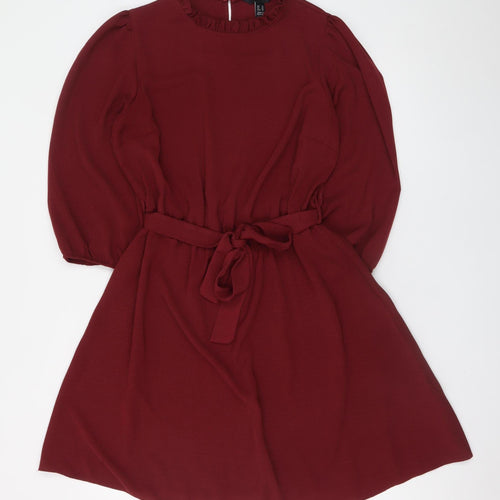 New Look Women Red A-Line Short Dress Size 14 3/4 Sleeve Belted