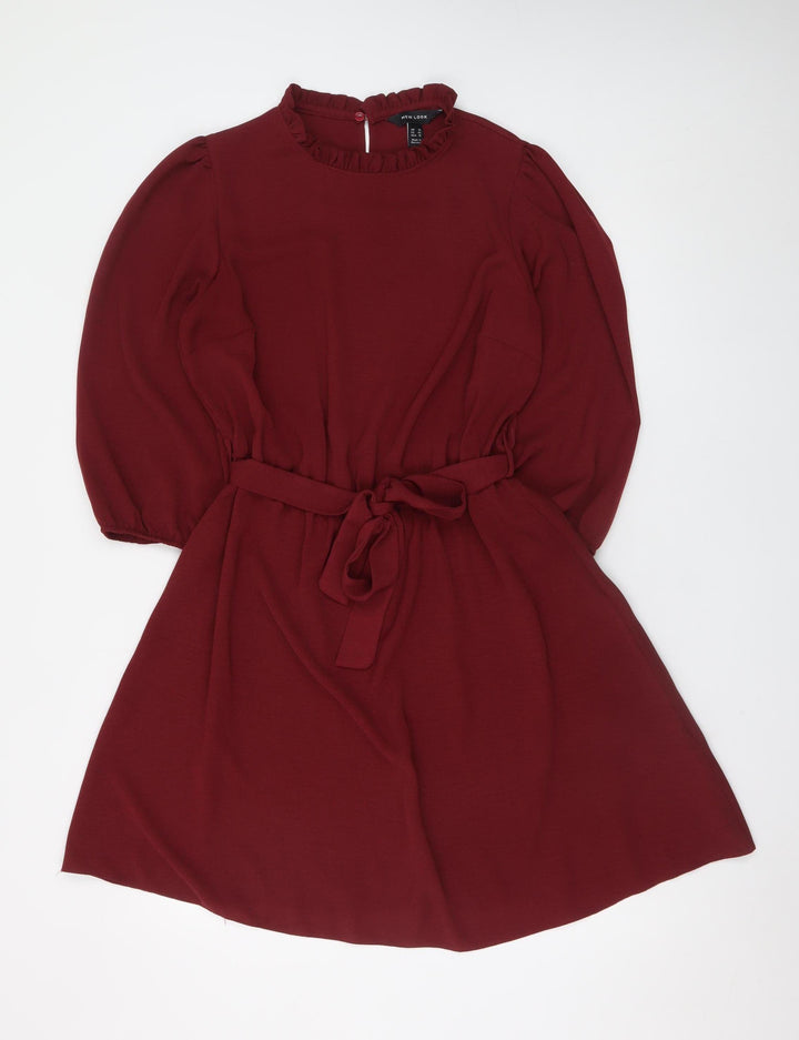 New Look Women Red A-Line Short Dress Size 14 3/4 Sleeve Belted