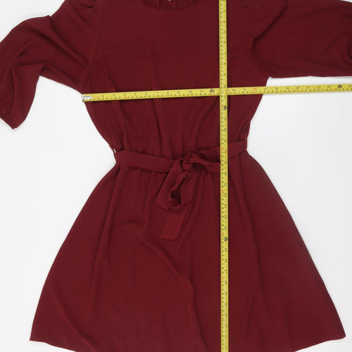 New Look Women Red A-Line Short Dress Size 14 3/4 Sleeve Belted