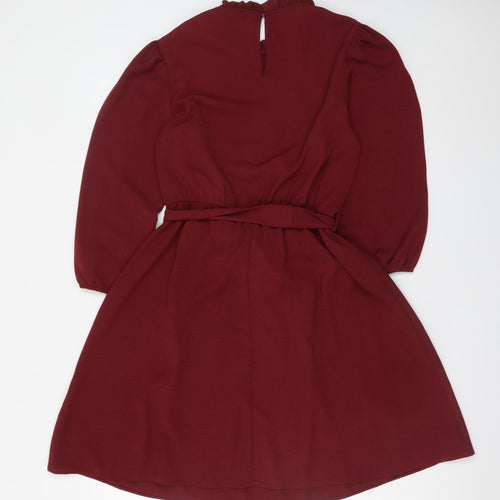 New Look Women Red A-Line Short Dress Size 14 3/4 Sleeve Belted