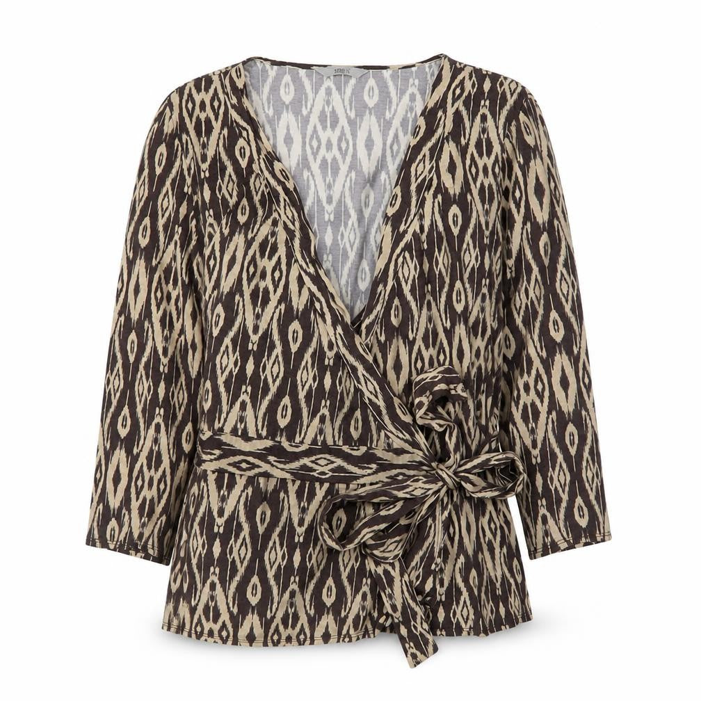 Front view of Marks & Spencer Women Brown Geometric Wrap Blouse, size 14