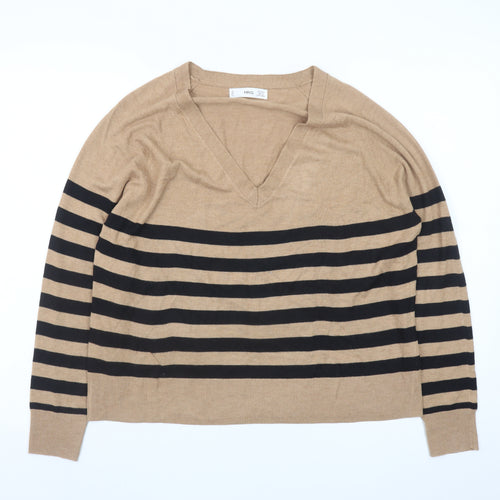 MNG Women Beige Black Striped V-Neck Cotton Pullover Jumper Size S
