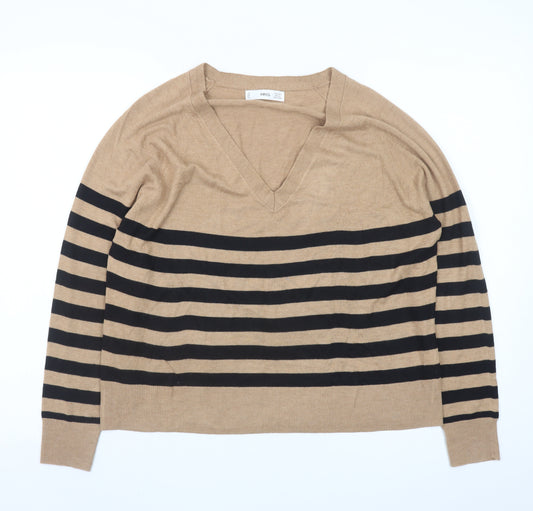 MNG Women Beige Black Striped V-Neck Cotton Pullover Jumper Size S