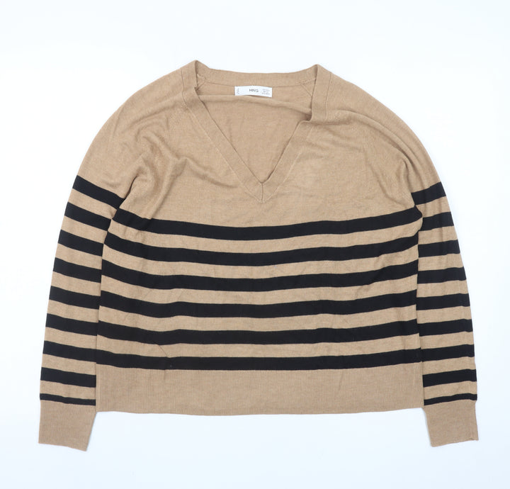 MNG Women Beige Black Striped V-Neck Cotton Pullover Jumper Size S