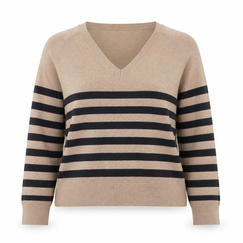 MNG Women Beige Black Striped V-Neck Cotton Pullover Jumper Size S