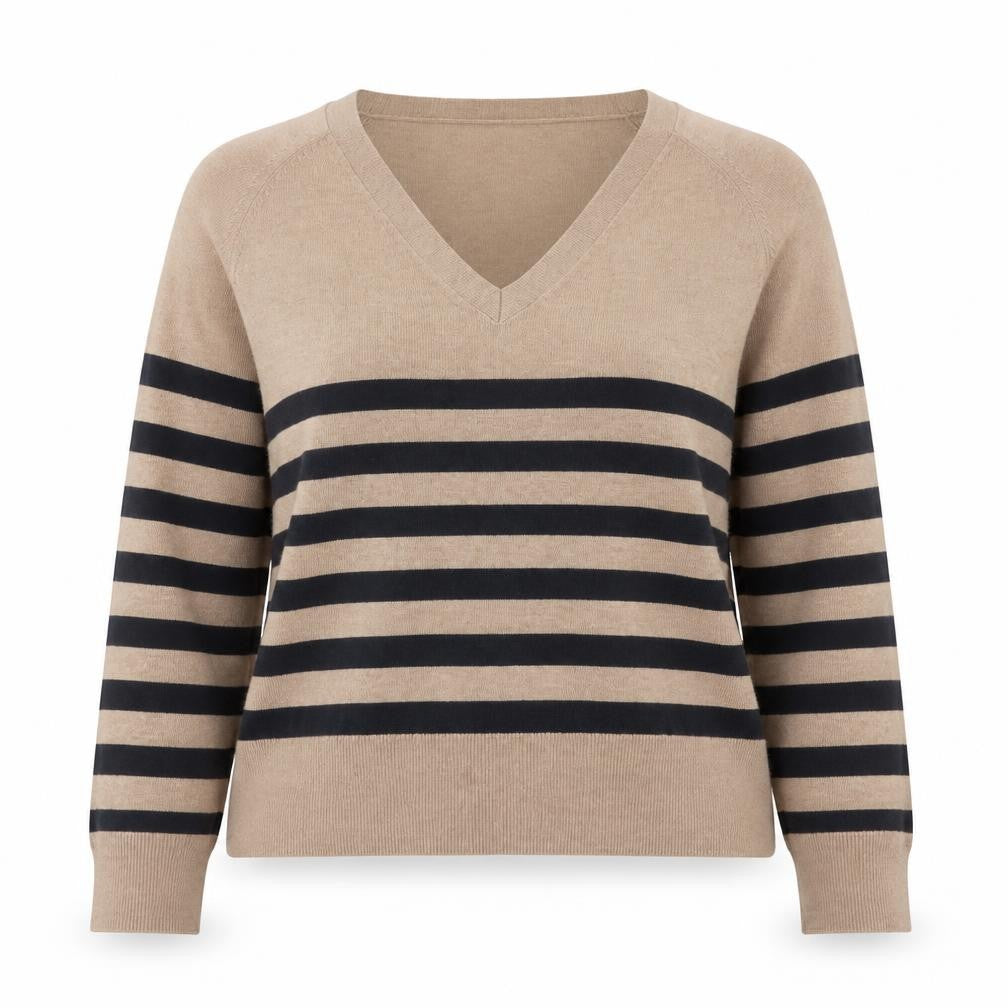 MNG Women Beige Black Striped V-Neck Cotton Pullover Jumper Size S