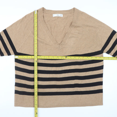 MNG Women Beige Black Striped V-Neck Cotton Pullover Jumper Size S