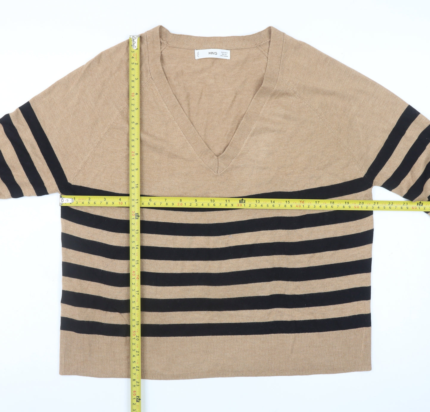 MNG Women Beige Black Striped V-Neck Cotton Pullover Jumper Size S
