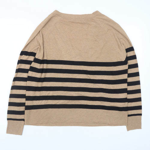 MNG Women Beige Black Striped V-Neck Cotton Pullover Jumper Size S