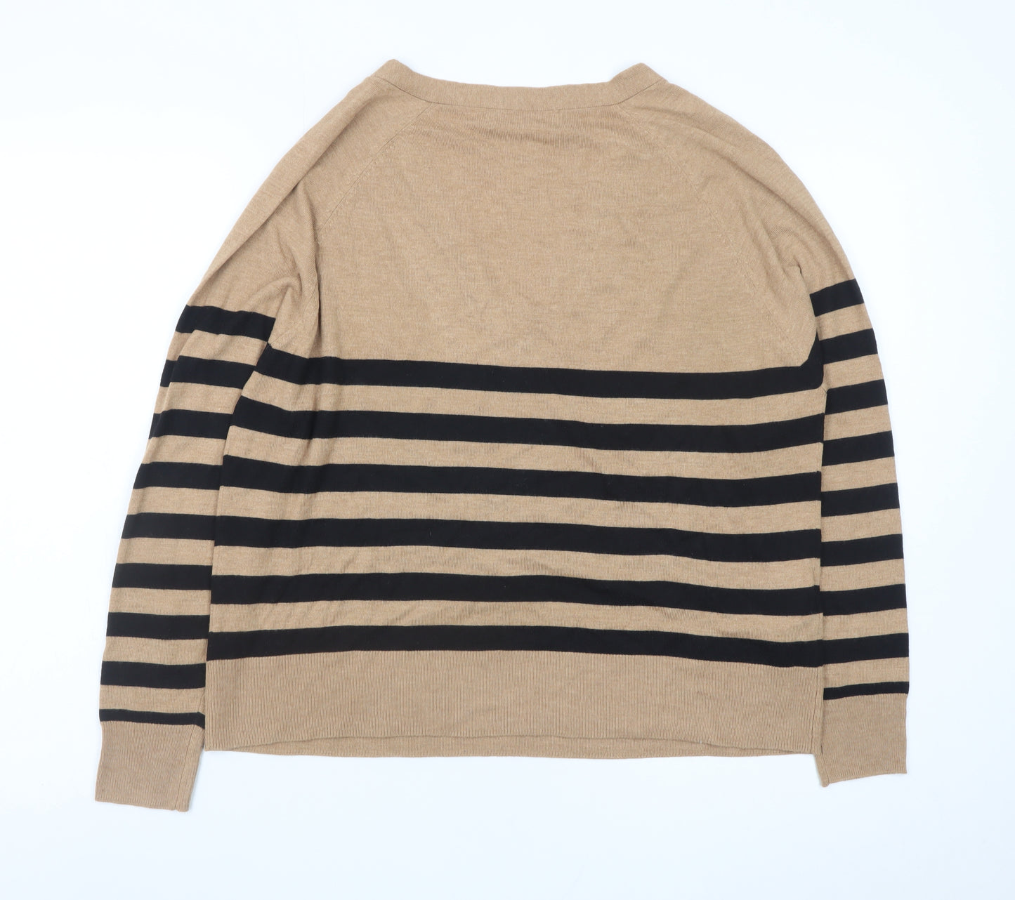 MNG Women Beige Black Striped V-Neck Cotton Pullover Jumper Size S
