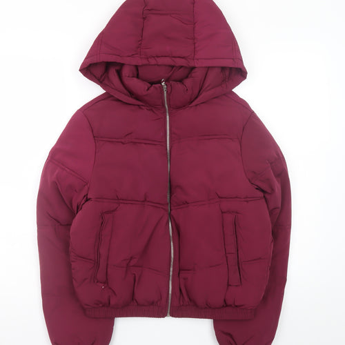 Pull & Bear Women's Red Hooded Puffer Jacket Size 8