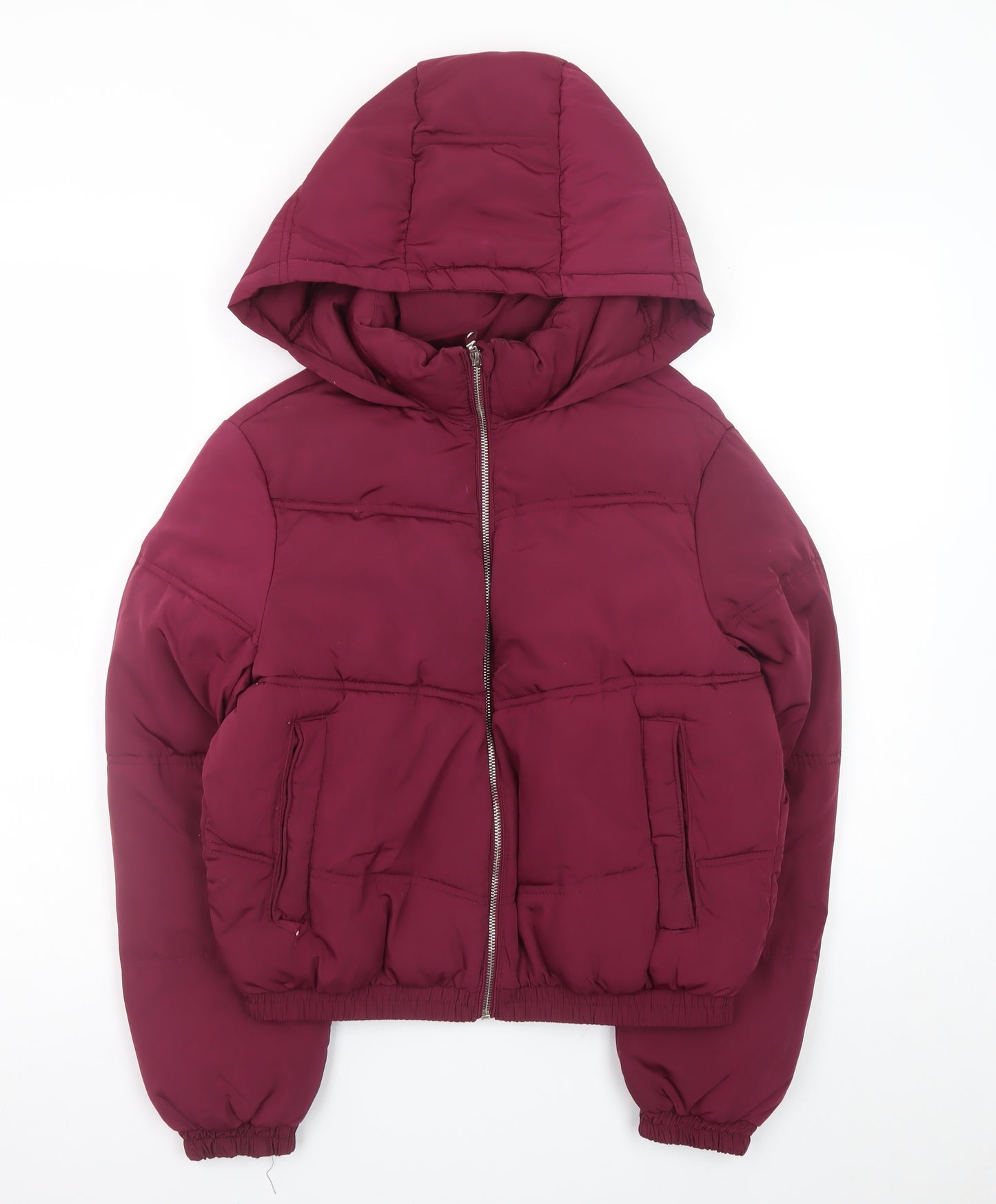 Pull & Bear Women's Red Hooded Puffer Jacket Size 8