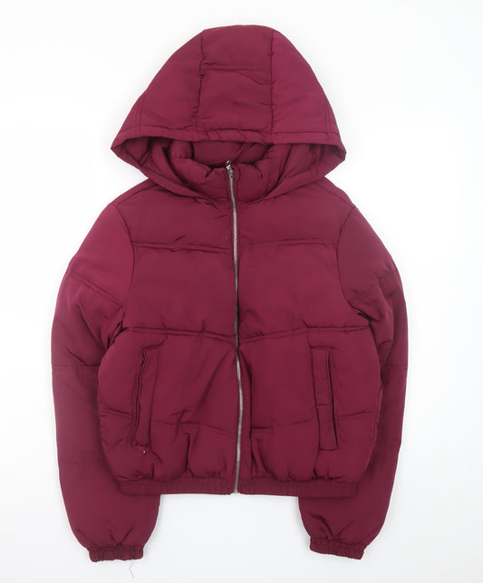 Pull & Bear Women's Red Hooded Puffer Jacket Size 8