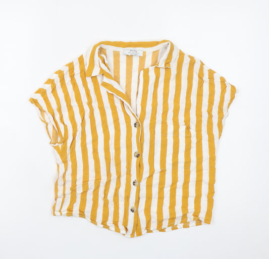 Bershka Womens Yellow White Striped Short Sleeve Button-Up Shirt S