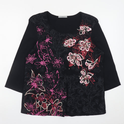 Marks and Spencer Women's Black Floral Beaded Cotton T-Shirt UK 16