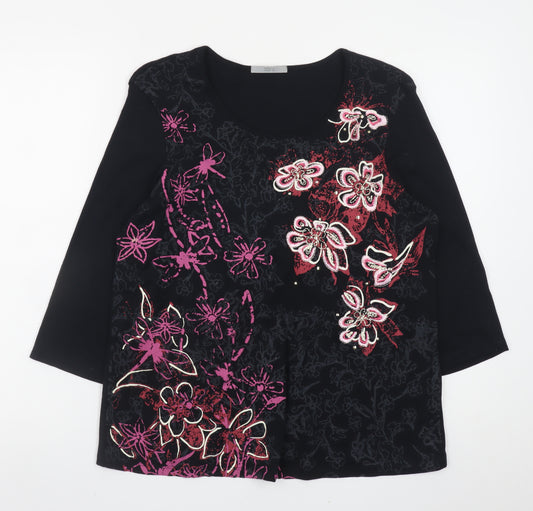 Marks and Spencer Women's Black Floral Beaded Cotton T-Shirt UK 16