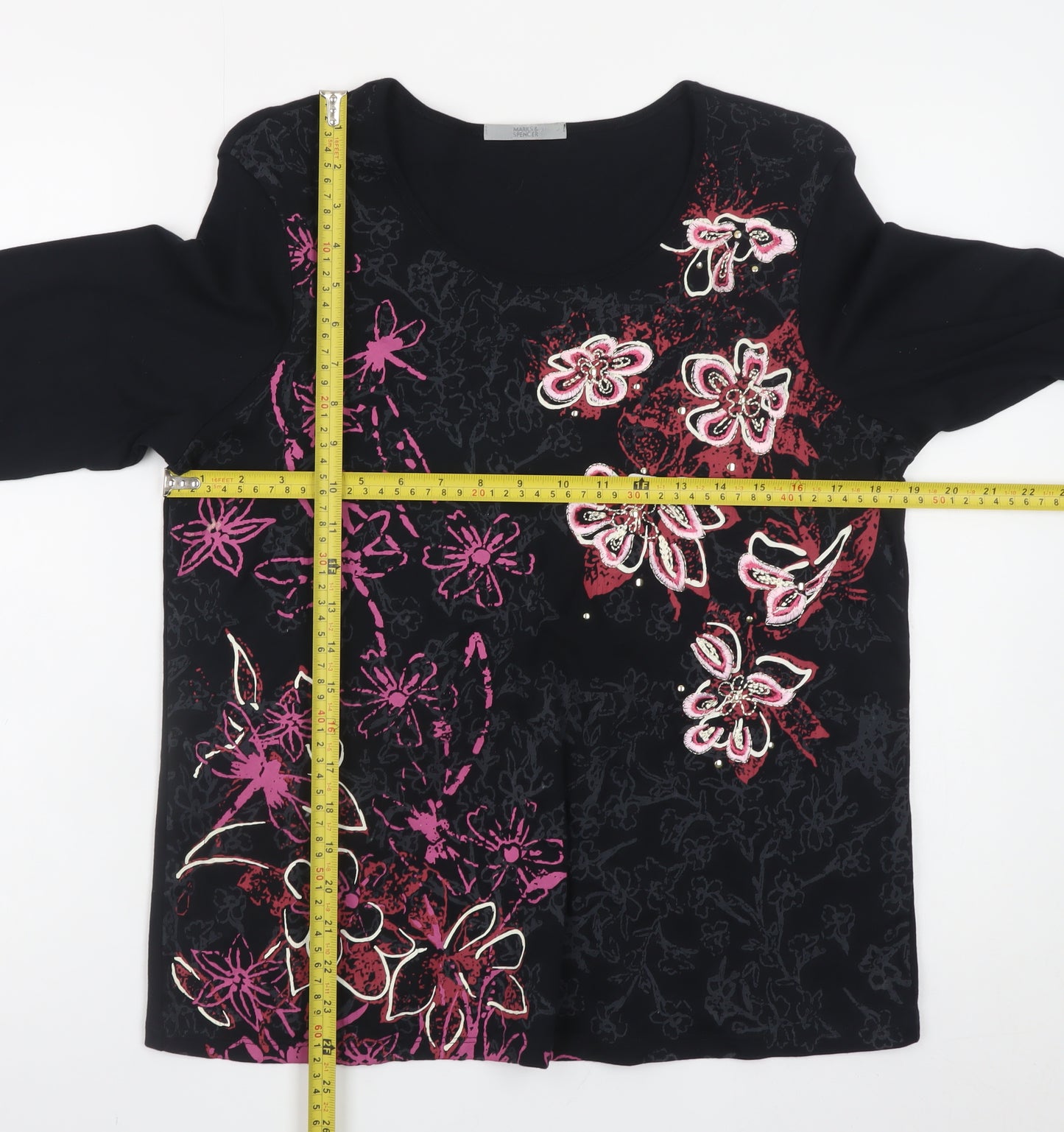 Marks and Spencer Women's Black Floral Beaded Cotton T-Shirt UK 16