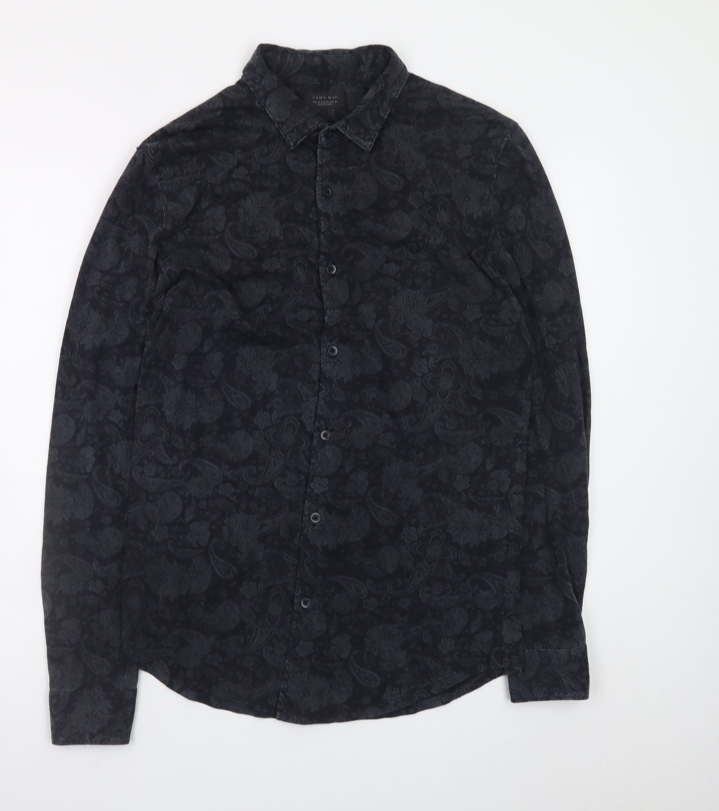 Zara Man Black Paisley Long Sleeve Slim Fit Cotton Shirt Men's M