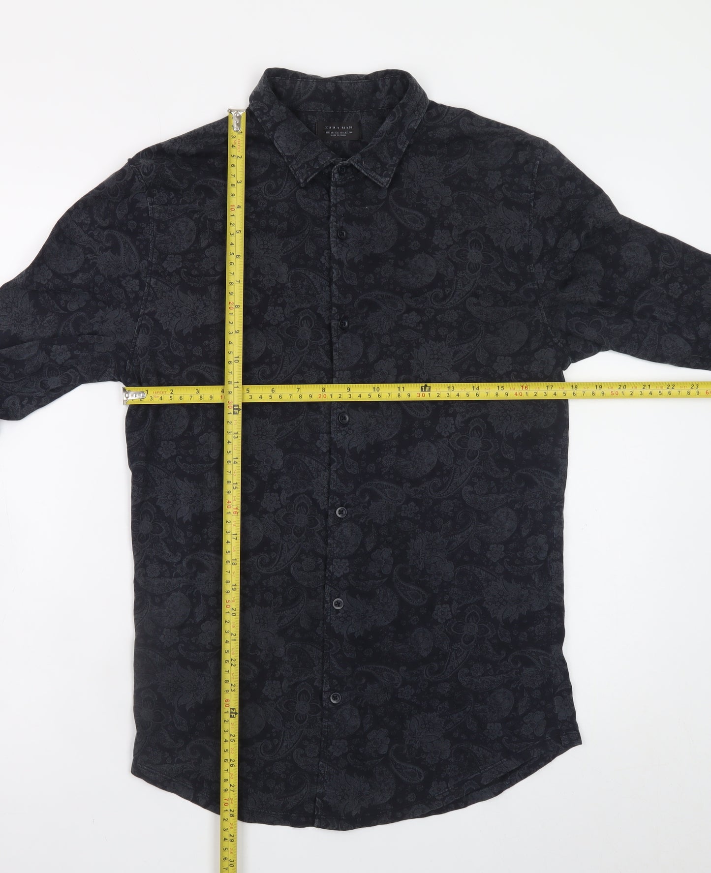 Zara Man Black Paisley Long Sleeve Slim Fit Cotton Shirt Men's M