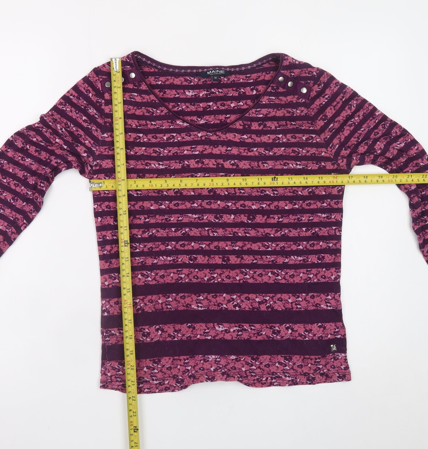 Maine New England Women's Purple Striped Long Sleeve Cotton T-Shirt Size 14