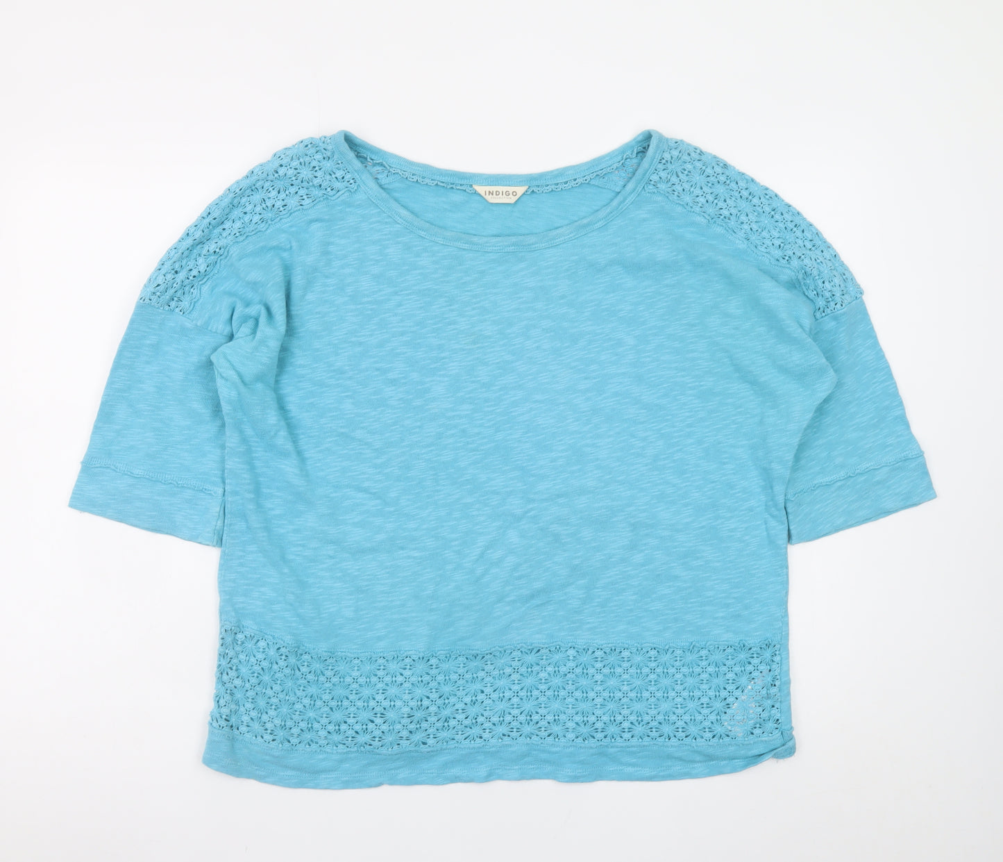 Marks and Spencer Women Blue Crochet Trim Cotton T-Shirt UK 16
