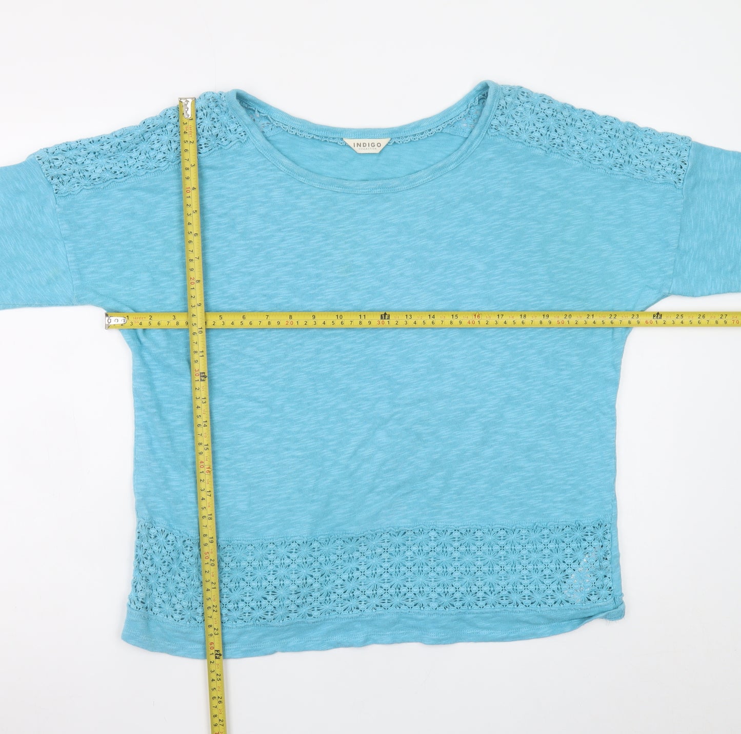 Marks and Spencer Women Blue Crochet Trim Cotton T-Shirt UK 16