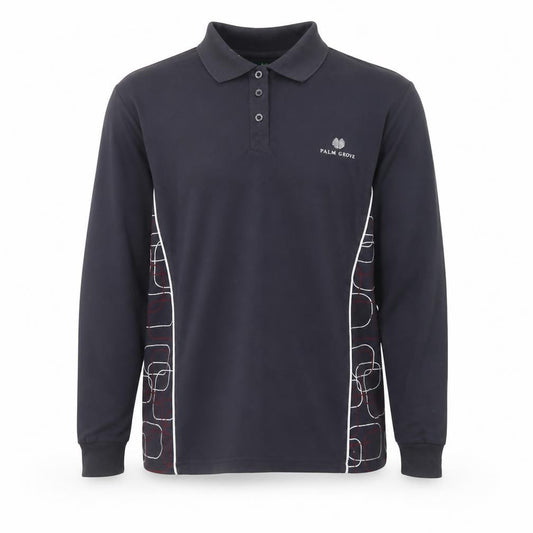 Front view of Palm Grove Men’s Black Long Sleeve Polo Shirt, size 16, Regular Fit
