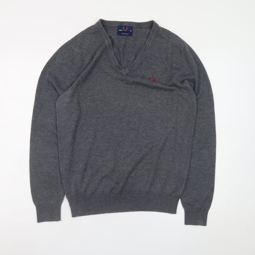 Fred Perry Men's Grey Wool V-Neck Jumper Size M Classic Knitwear
