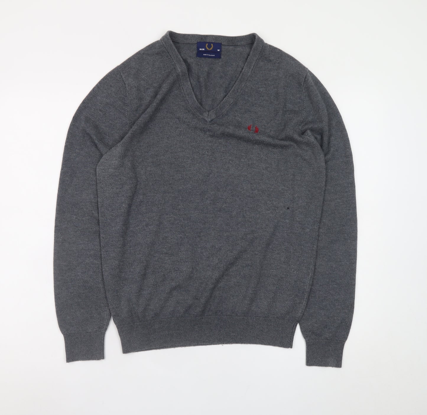 Fred Perry Men's Grey Wool V-Neck Jumper Size M Classic Knitwear
