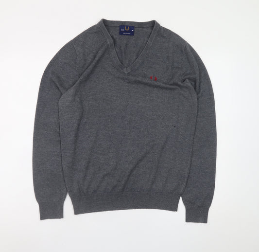 Fred Perry Men's Grey Wool V-Neck Jumper Size M Classic Knitwear