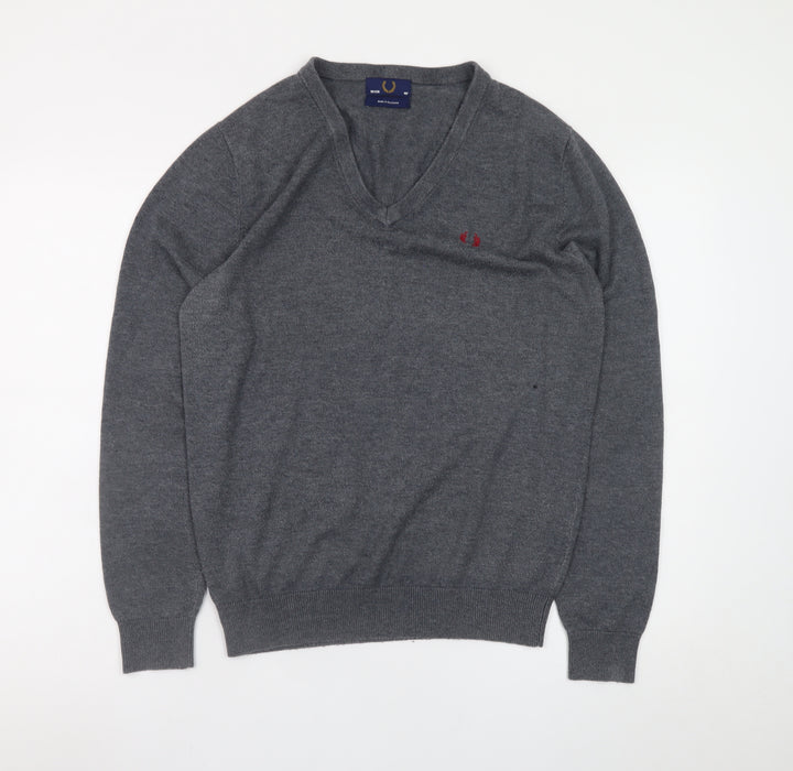 Fred Perry Men's Grey Wool V-Neck Jumper Size M Classic Knitwear