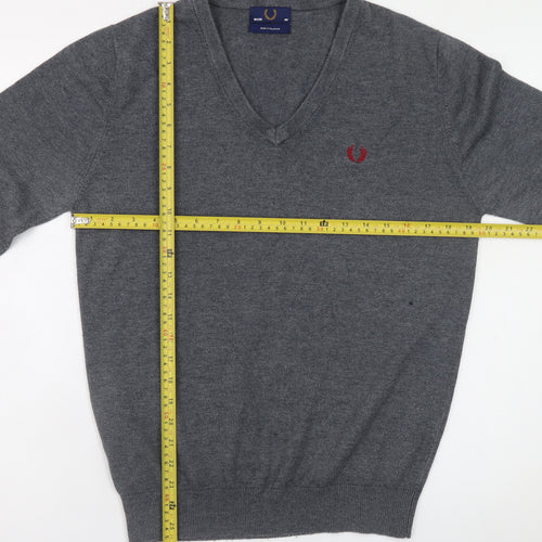 Fred Perry Men's Grey Wool V-Neck Jumper Size M Classic Knitwear