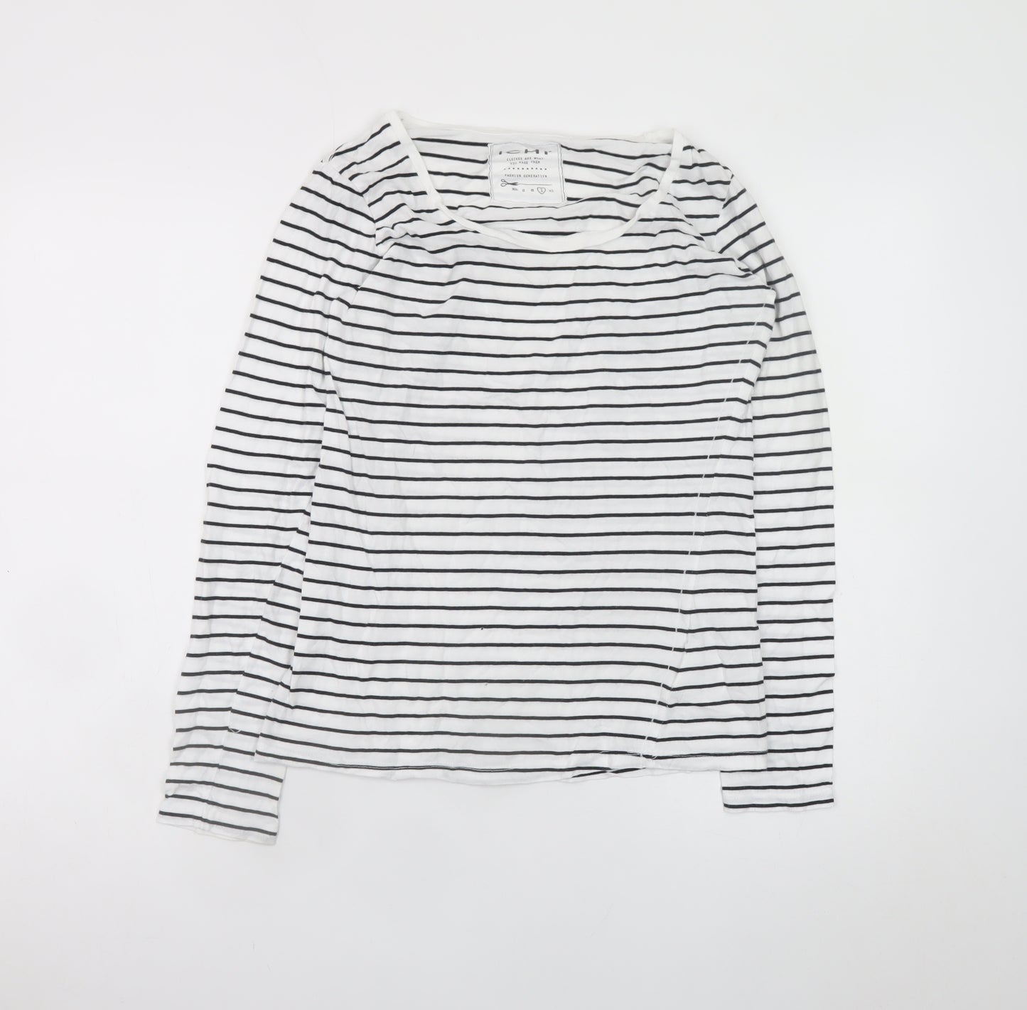 ICHI Women’s White Black Striped Long Sleeve Cotton T-Shirt L