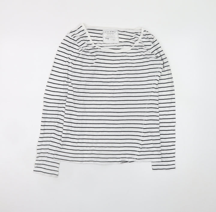ICHI Women’s White Black Striped Long Sleeve Cotton T-Shirt L
