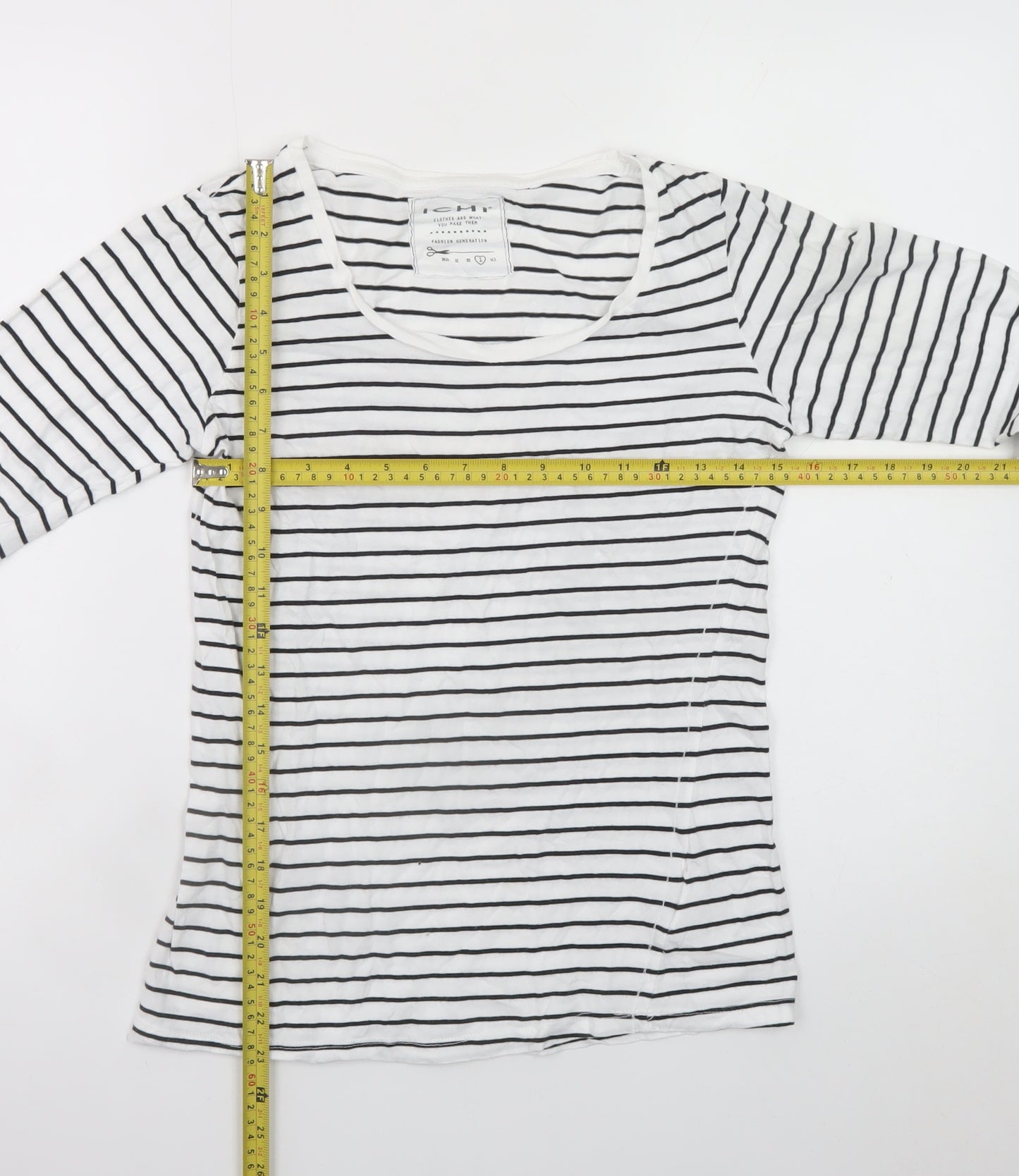 ICHI Women’s White Black Striped Long Sleeve Cotton T-Shirt L