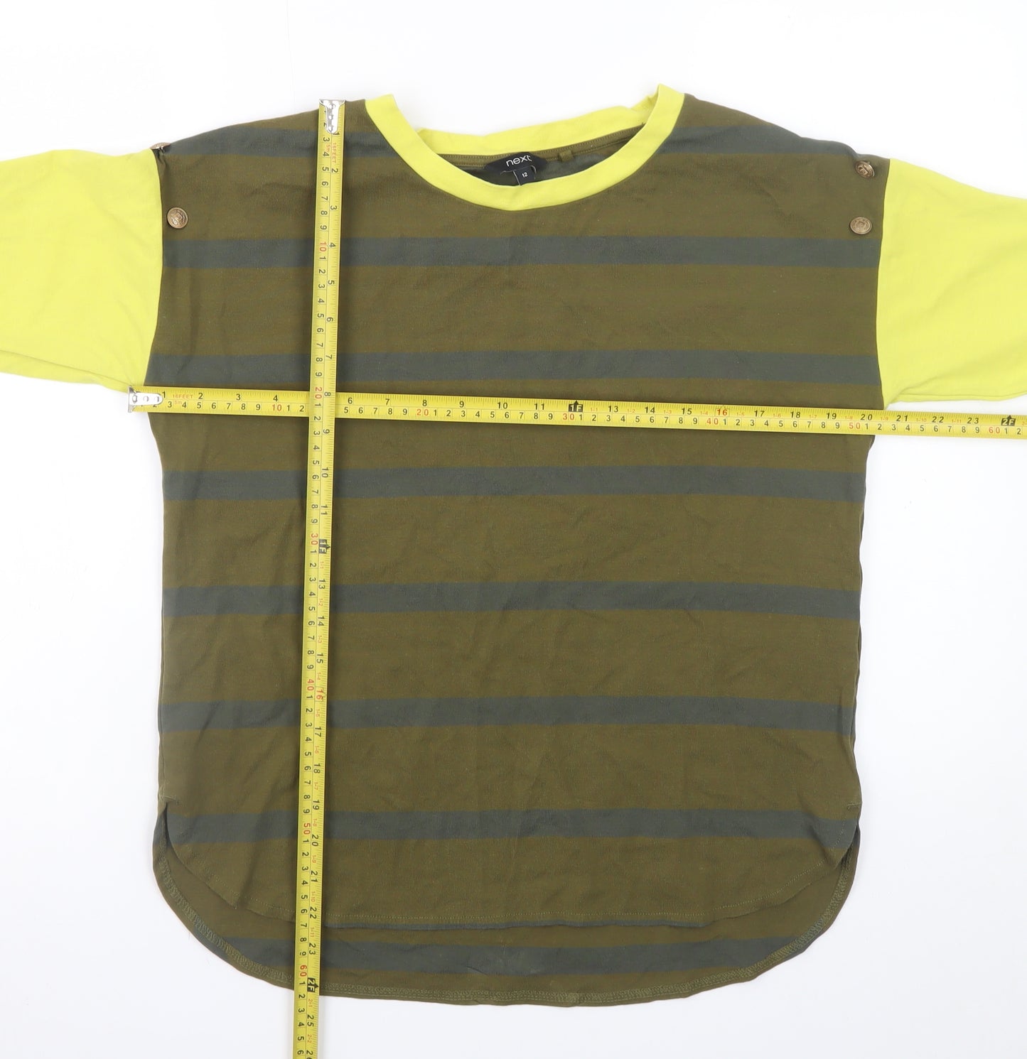 Next Women Green Stripe Long Sleeve Cotton Blend Casual Top Size 12