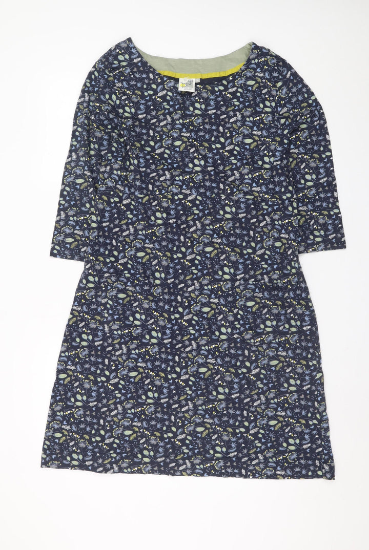 Weird Fish Women Blue Floral Shift Dress Size 16 Cotton 3/4 Sleeve