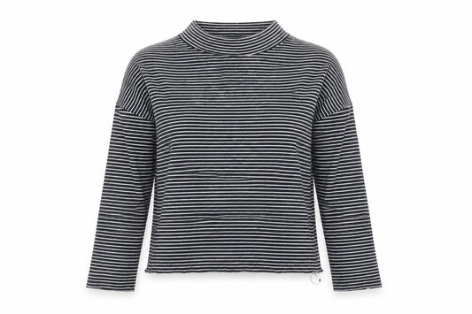 Front view of Whistles Women’s Black Striped Mock Neck Long Sleeve Cotton Top XS