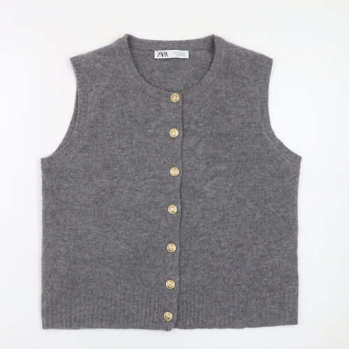 ZARA Women Grey Wool Blend Sleeveless Cardigan Vest S